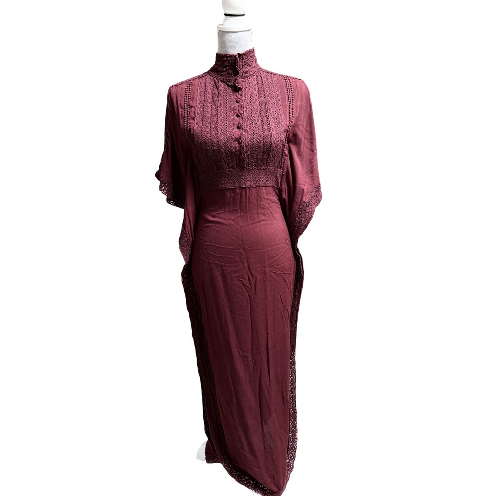 Nasty Gal Maxi Dress XS Burgundy Crochet Lace Butterfly Sleeve Open Back